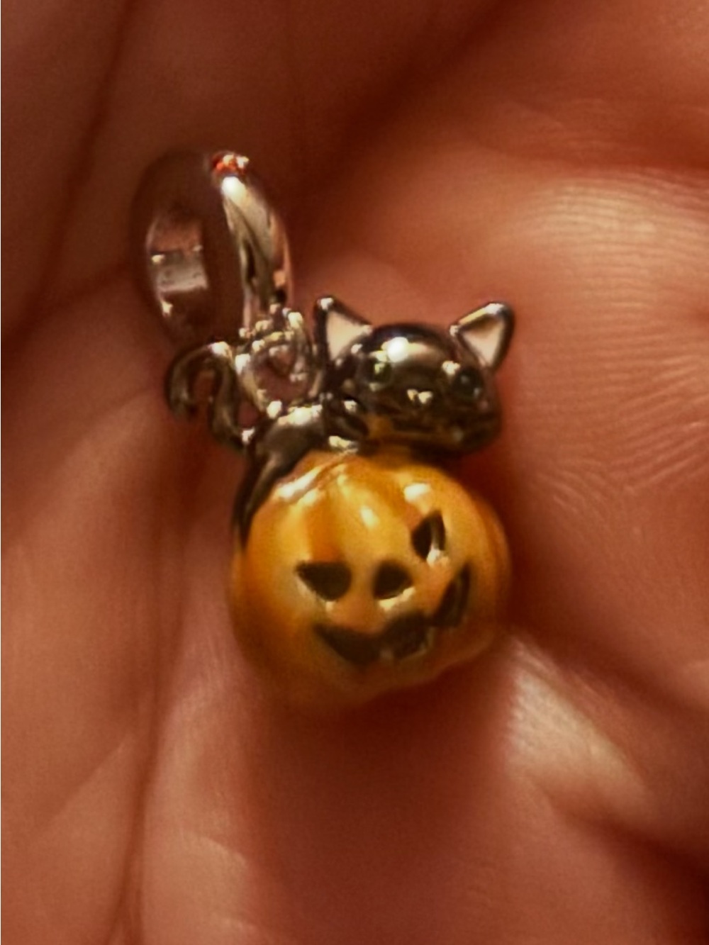Halloween Cat Pumpkin Charm - Orange and Silver Pendant